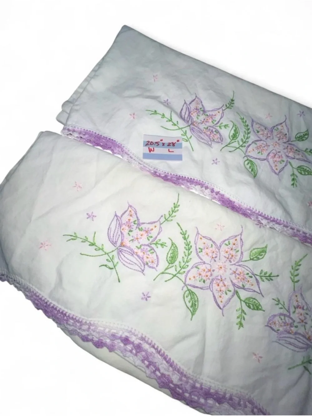 Vintage Embroidered Floral Pillowcase Pair in Lavender and White